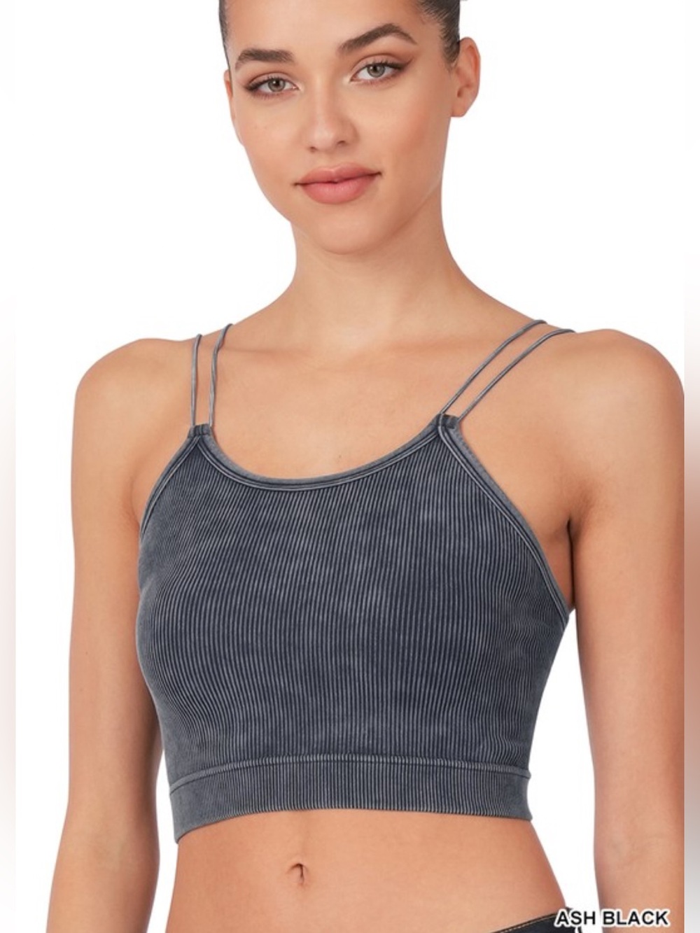 Zenana Washed Ribbed Seamless Double Strap Brami NWT, Ash Black